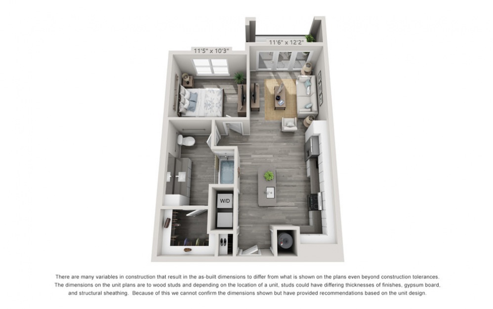 A1-HC - 1 bedroom floorplan layout with 1 bath and 728 square feet.