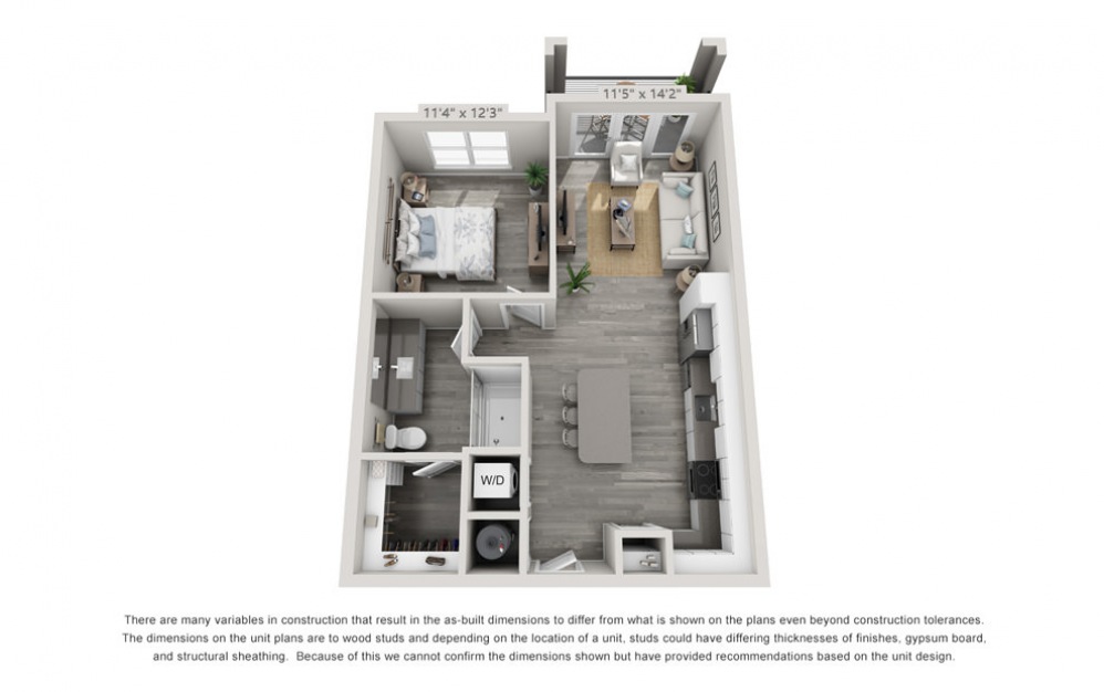 A1 - 1 bedroom floorplan layout with 1 bath and 726 to 777 square feet.