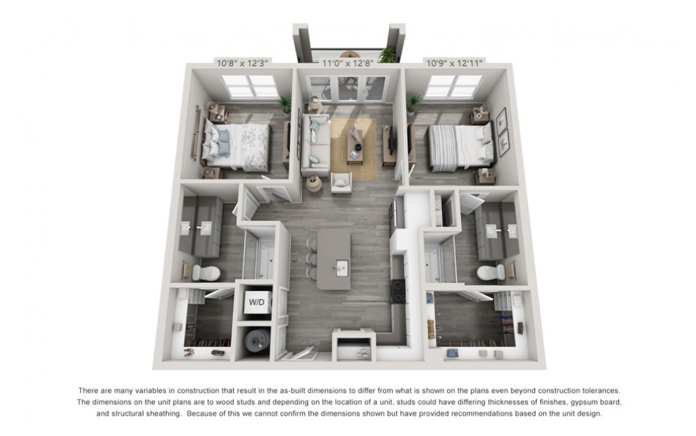 B1 - 2 bedroom floorplan layout with 2 baths and 998 to 1021 square feet.