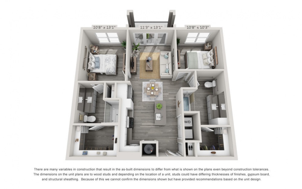 B1-HC - 2 bedroom floorplan layout with 2 baths and 1021 square feet.