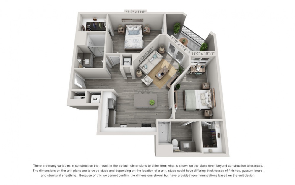 B2 - 2 bedroom floorplan layout with 2 baths and 1044 to 1212 square feet.
