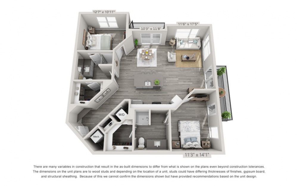 B4 - 2 bedroom floorplan layout with 2 baths and 1148 to 1212 square feet.