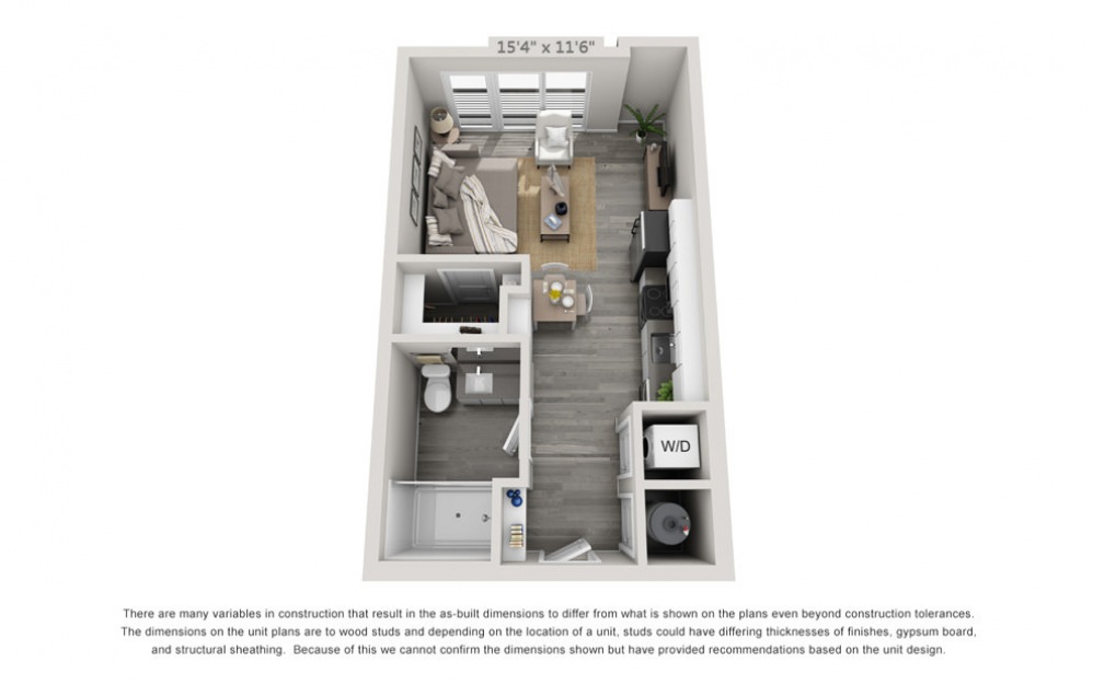 S1 - Studio floorplan layout with 1 bath and 440 to 472 square feet.