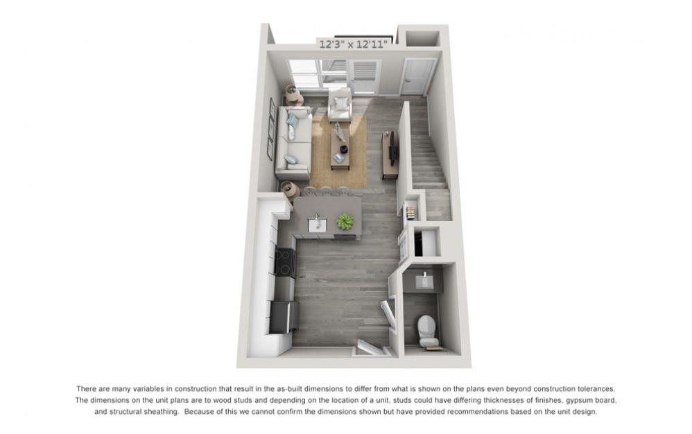 TH1 - 1 bedroom floorplan layout with 1.5 bath and 904 square feet. (Floor 1)