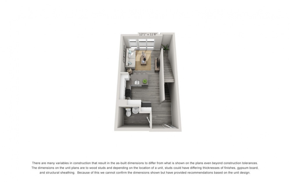TH2 - 1 bedroom floorplan layout with 1.5 bath and 1024 square feet. (Floor 1)