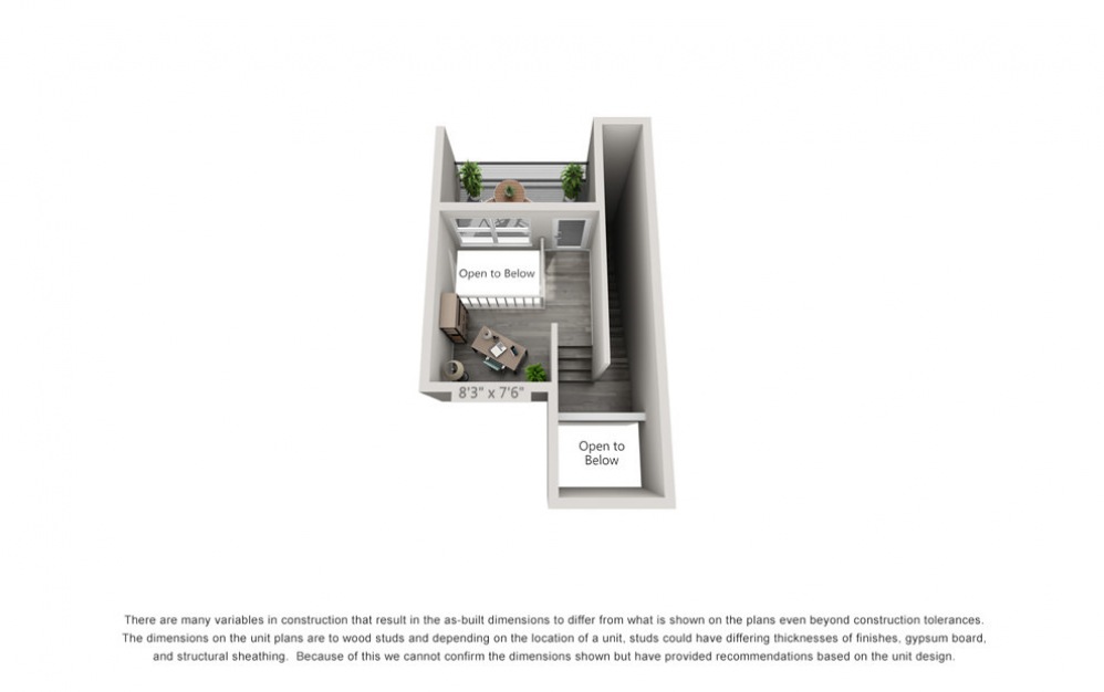 TH2 - 1 bedroom floorplan layout with 1.5 bath and 1024 square feet. (Floor 3)